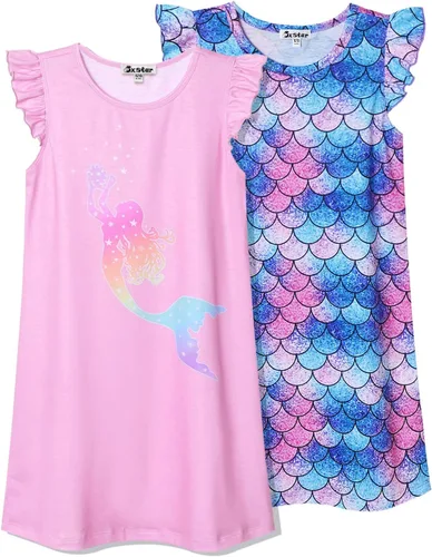 Miniatura 6 de Jxstar Paquete de 2 camisones para niñas, pijamas de manga con vuelo, vestidos de noche de algodón