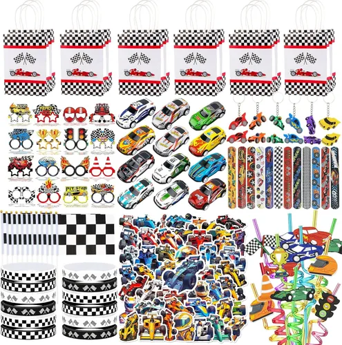 Juego de 150 recuerdos de fiesta de autos de carreras, suministros de decoración de cumpleaños con temática de autos de carreras, bolsas de