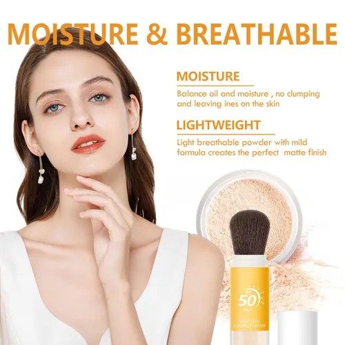 Miniatura 5 de Polvo de ajuste de protección solar para cara, polvo mineral protector solar, control de aceite, acabado mate natural, transpirable, polvo facial