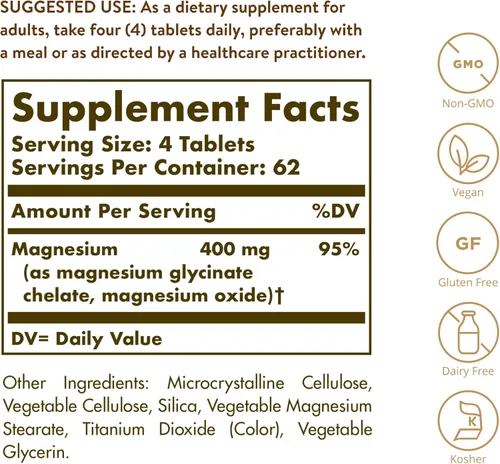 Miniatura 2 de Solgar Magnesio quelado, 250 tabletas, apoya la función nerviosa y muscular, promueve huesos saludables, vital para la liberación de energía