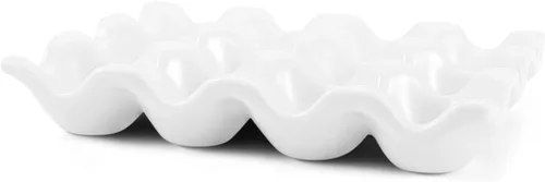 Miniatura 2 de Flexzion Soporte para huevos de cerámica para 12 huevos, caja de almacenamiento de 12 bandejas de huevos de porcelana, plato antideslizante