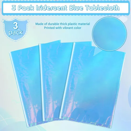 Miniatura 4 de Paquete de 3 manteles de plástico azul iridiscente, cubiertas de mesa rectangulares desechables láser azul brillante, mantel de lámina holográfica
