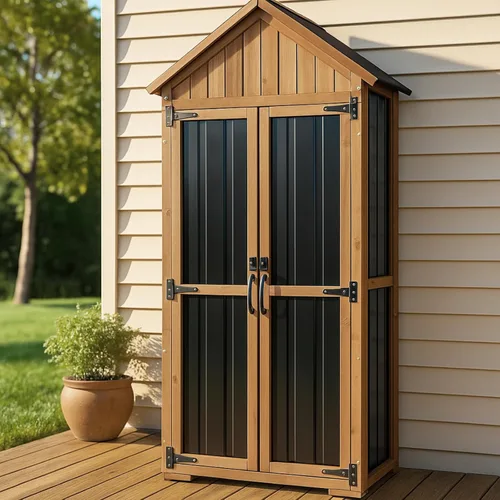 Miniatura 15 de Ketive Gabinete de almacenamiento para exteriores, armario alto de jardín para herramientas con techo resistente a la intemperie, puertas con doble