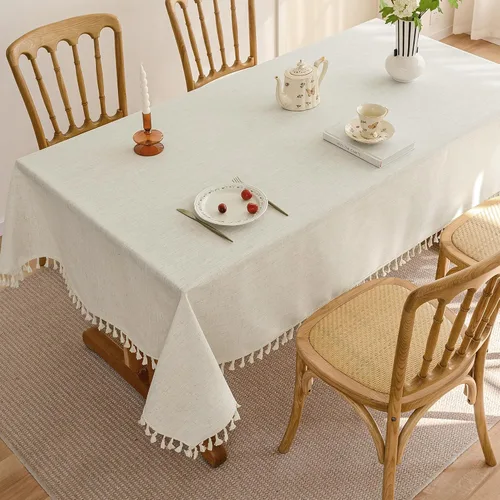 Miniatura 7 de Mantel rectangular de lino beige crema para comedor y cocina, mantel rectangular de arpillera de lino con borlas, resistente, rústico, campestre