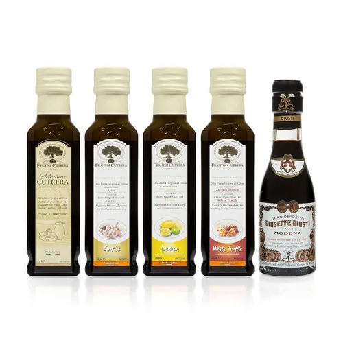 Mercato di Bellina Juego de regalo de aceite de oliva italiano y balsámico, mini vinagre balsámico, trufa, ajo y aceite de oliva con sabor a limón,