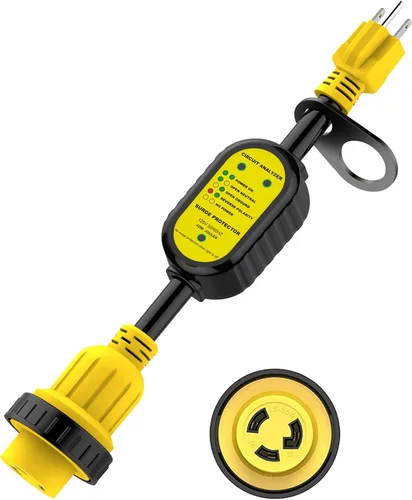 EyGde Adaptador RV de 30 Amp a 15 Amp 110V con protector de sobretensiones, patentado 4200J de 15 Amp macho a 30 Amp con conector de bloqueo,