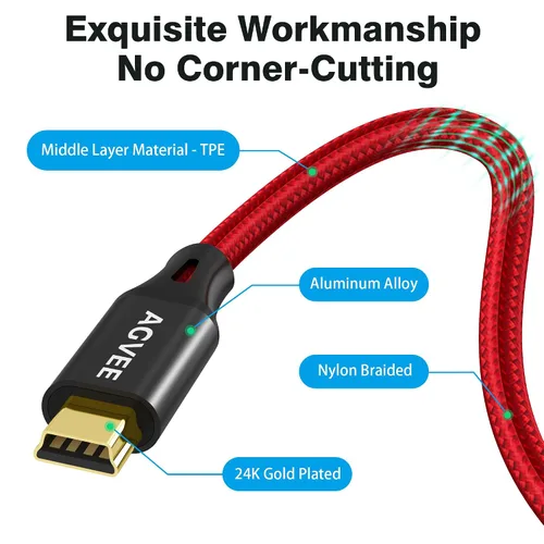 Miniatura 7 de AGVEE Paquete de 2 cables mini USB de 3.3 pies, cable de carga trenzado duradero USB-A a Mini-B para TI-84, Garmin GPS, Go-Pro Hero 4 3 2 HD, Rojo