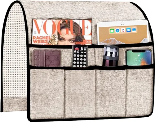 Organizador de reposabrazos de sofá, soporte remoto de TV para sillón con 6 bolsillos para colgar control remoto, soporte grueso para sillón, Beige