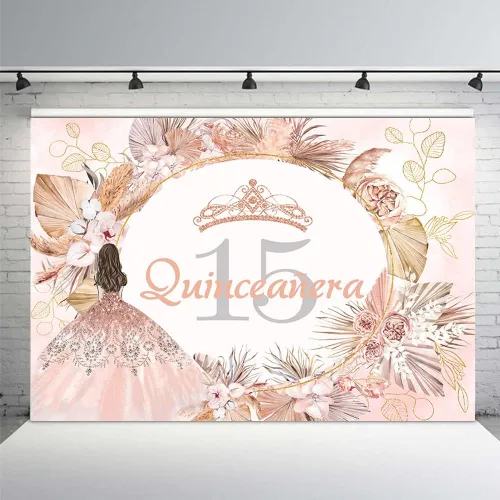 Miniatura 9 de MEHOFOND Telón de fondo bohemio floral de quinceañera de cumpleaños 15 para niñas, rosa verde, hierba de las pampas, Mis membrillo Anos, decoración