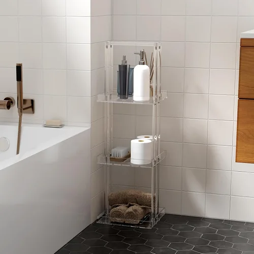 Miniatura 6 de Aquiver Organizador de ducha de acrílico de pie, soporte organizador de ducha de 3 niveles con asa, organizador de ducha esquinero para baño