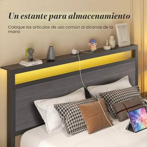 Miniatura 7 de Fluest Base de cama tamaño queen con cabecera y estribo, estación de carga integrada y luz LED, estante de almacenamiento, sin ruido, no necesita