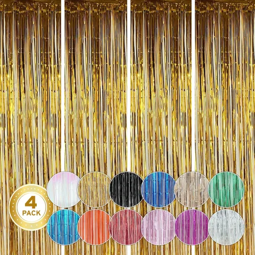 Miniatura 7 de Twinkle Star - Paquete de 2 telones de fondo para cabina de fotos, cortina de papel aluminio con flecos de oropel, fondo ambiental, decoración