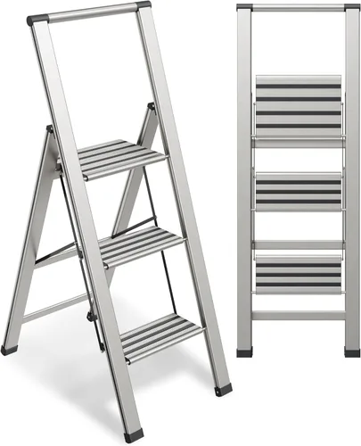 Escalera plegable de 3 escalones, decorativa, de aluminio moderno y hermoso, ligero, perfil ultra delgado, escalones antideslizantes, resistente y