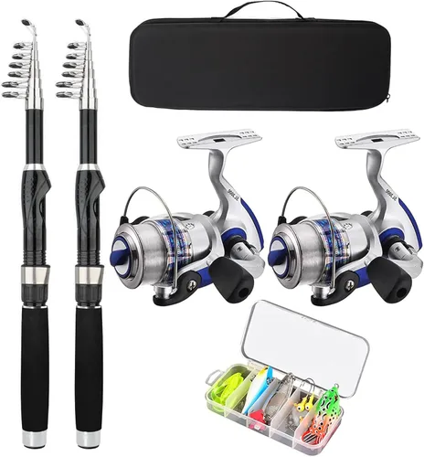 Paquete de 2 cañas de pescar combinadas, carretes giratorios de fibra de carbono, bolsa transportadora de pesca para viajes, agua salada y agua dulce