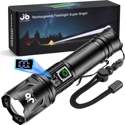 JAY-PARK Flashlight Rechargeable 10000 Lumens, LED Flashlights High Lumens with 10800mAh Battery and LCD Power Display, Zoomable, 5 Lighting Modes,
