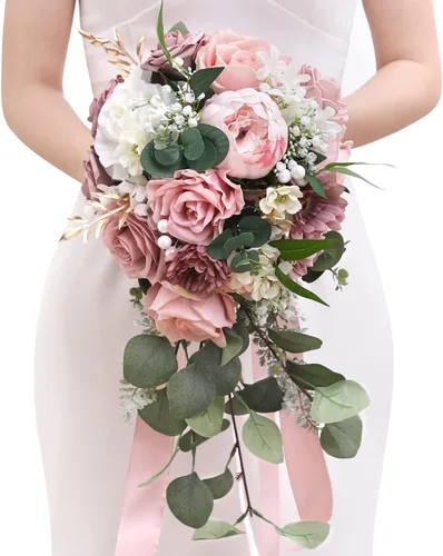 Serwalin Ramos de boda de 9.8 pulgadas para novia y dama de honor, peonías rosa empolvado, ramos de flores de novia para boda, ramo de lanzamiento,