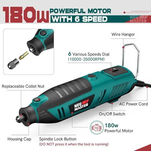 Miniatura 2 de NEU MASTER Kit de herramientas rotativas de 180 W con 160 accesorios, juego de herramientas rotativas con cable de 6 velocidades 10000-35000 RPM
