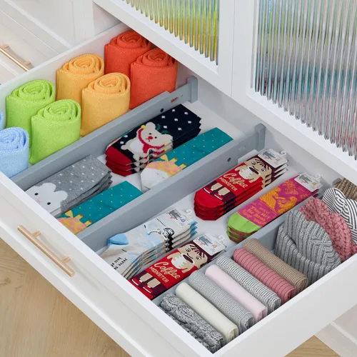 Miniatura 3 de Divisor de bambú para cajones de cocina, paquete de 4, organizador de cajones de utensilios ajustable de 17-22 pulgadas para tocador, baño, Gris