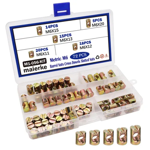 Kit de 72 tuercas métricas M6 de barril con orificio cruzado, para muebles, camas, cunas y sillas (M6 x 11mm/12mm/13mm/15mm/20mm)