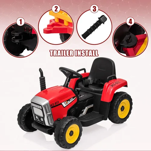 Miniatura 5 de SEHOMY Tractor de Power Wheels Rojo con Remolque, Carro Montable para Niños Pequeños con Control Remoto, 7 Faros LED, Motor Dual, Batería de 12V
