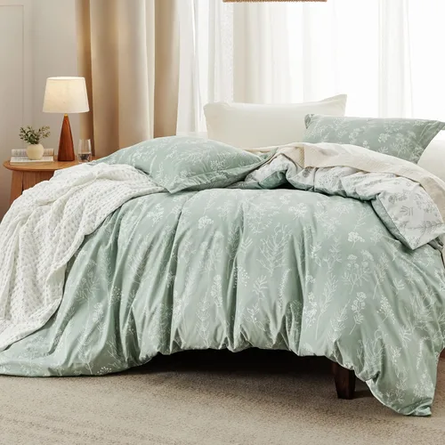 Miniatura 2 de Bedsure - Juego de edredón tamaño King, juego de ropa de cama verde salvia, 3 piezas de ropa de cama floral bonita, 1 edredón reversible suave