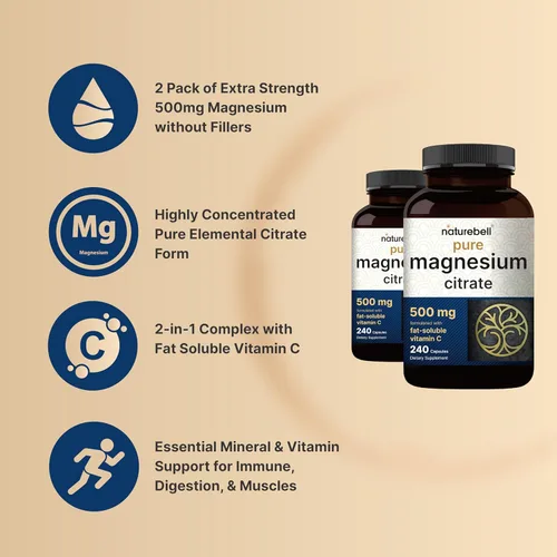 Miniatura 3 de Paquete de 2 citratos de magnesio de 500 mg, 480 cápsulas, forma elemental de alta pureza, extrafuerte, mineral esencial para el corazón