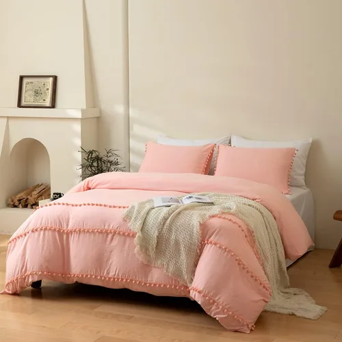 Miniatura 11 de INFLAG Funda de edredón de tamaño individual con pompones, juego de ropa de cama de microfibra bohemia de 3 piezas, 1 funda de edredón de 66 x 90