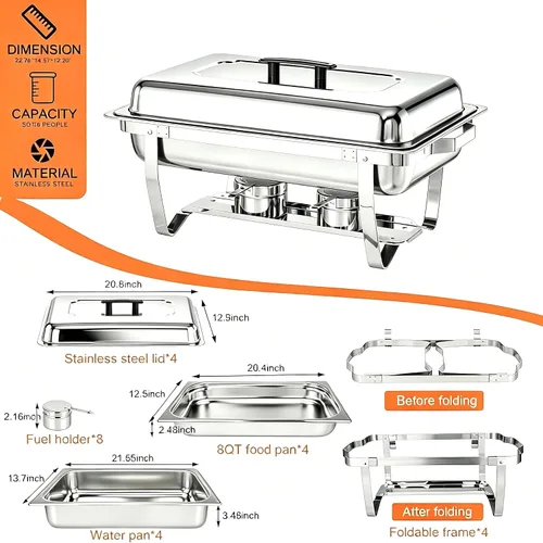 Miniatura 9 de Recipientes Calentadores para Buffet Paquete de 4, Juego de Recipientes Calentadores de Buffet de Acero Inoxidable de 9 Cuartos con Marco Plegable