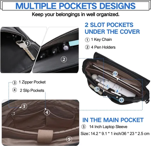 Miniatura 4 de VX VONXURY Bolsa de mensajero para hombre, piel sintética de 14 pulgadas, maletín para laptop para trabajo y escuela, café, Piel sintética negra