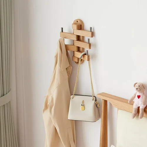 Miniatura 4 de Perchero giratorio de roble con ganchos para abrigos, ganchos de pared de madera con 5 brazos plegables giratorios, perchero de pared de 30 cm