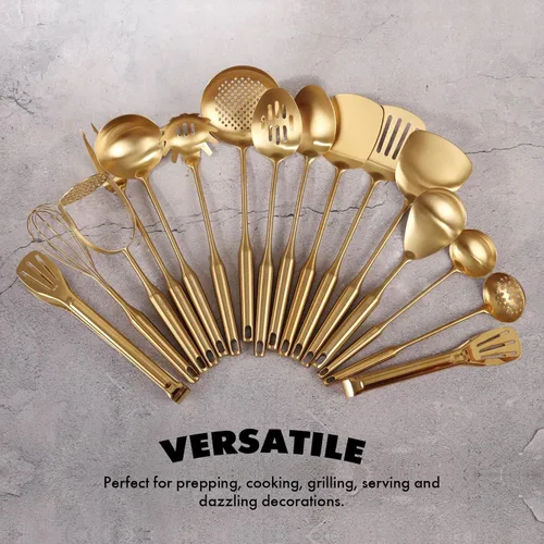 Miniatura 6 de Juego de Utensilios de Cocina Dorados – Juego de Cucharas Pequeñas y Grandes de Acero Inoxidable 18/10, 16 PIEZAS Herramientas de Cocina Totalmente