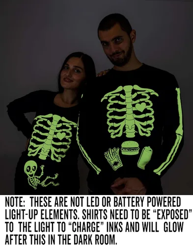 Miniatura 3 de Pareja de Halloween que brilla en la oscuridad Camisas de manga larga para bebé Rayos X Camiseta de maternidad para hombre, hamburguesa, esqueleto