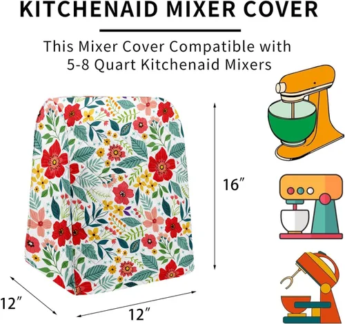 Miniatura 2 de Funda para batidora de pie floral con bolsillos, acolchada a prueba de polvo, compatible con KitchenAid de 5 a 8 cuartos de galón, Hamilton Beach