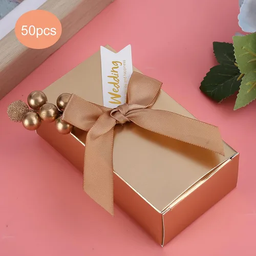 Miniatura 2 de Cajas de recuerdos de fiesta con lazo, 50 unidades, cinta de champán, caja de regalo de papel de caramelo, bolsas rectangulares con purpurina