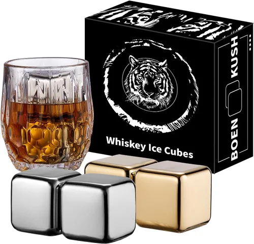 Juego de 4 piedras de whisky grandes de 64 cm³ (4 cu in) – Juego de regalo para hombre – Cubos de esferas de hielo de metal reutilizables de acero 2