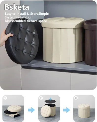 Miniatura 3 de Bsketa® Otomana plegable redonda de almacenamiento de 14" x 14" x 13" pulgadas, taburete de pie con asiento acolchado de espuma más gruesa, banco