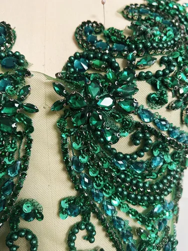 Miniatura 3 de Apliques de encaje hechos a mano con diamantes de imitación para coser en cuentas de vidrio, accesorios para ropa de vestir (verde oscuro)