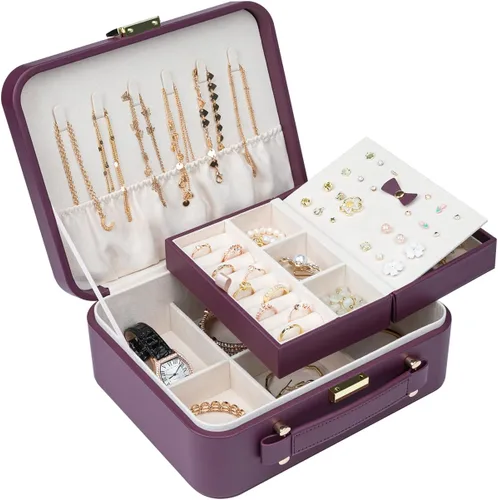 V-LAFUY Joyero con bandeja extraíble, joyero para mujeres y niñas, 2 capas portátil, organizador de joyas, estuche de almacenamiento con estuche de
