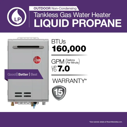 Miniatura 2 de Rheem RTG-70XLP-3 Calentador de agua de propano líquido, sin tanque, de alta eficiencia, sin condensación, para exteriores, 7.0 GPM, 160,000 BTUs