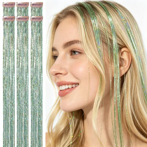 Miniatura 25 de Celinebella 6 extensiones de cabello con clip de mezcla de color rojo, plateado y azul, 6 unidades, resistentes al calor, para mujeres, 17-Azul