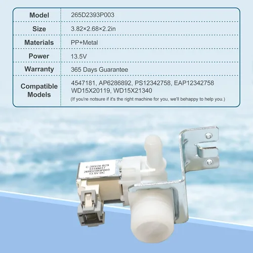 Miniatura 5 de Válvula de entrada de agua para lavaplatos Modelo 265D2393P003 Reemplazo para GE Parte WD15X24213 WD15X22999 WD15X21340 WD15X20119
