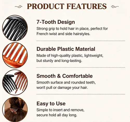 6 piezas de peine francés de 7 dientes, pinzas de plástico para el cabello, accesorios para el cabello para mujeres y niñas (negro y marrón)
