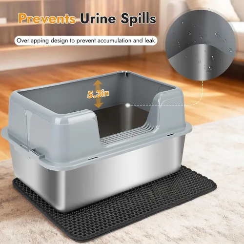 Miniatura 4 de Vivifying Caja de arena para gatos de acero inoxidable, caja de arena grande semicerrada con tapa y alfombra, bandeja de metal antifugas para una