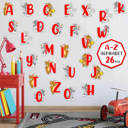 Miniatura 3 de Tom & Jery - Adhesivo decorativo para pared del alfabeto (A–Z), divertido alfabeto de dibujos animados para espacios de aprendizaje, calcomanías