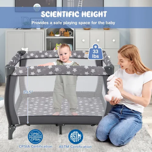 Miniatura 4 de HONEY JOY Pack and Play, corral portátil 3 en 1 para bebé con moisés, mesa de cambio, ruedas con bloqueo, caja de música, cuna de viaje plegable