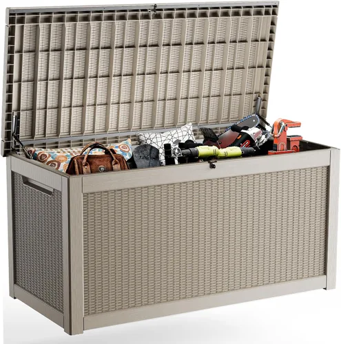 Miniatura 9 de Caja de cubierta para exteriores de 120 galones, cajas de almacenamiento impermeables con cerradura para herramientas de jardín, cojines de Gris