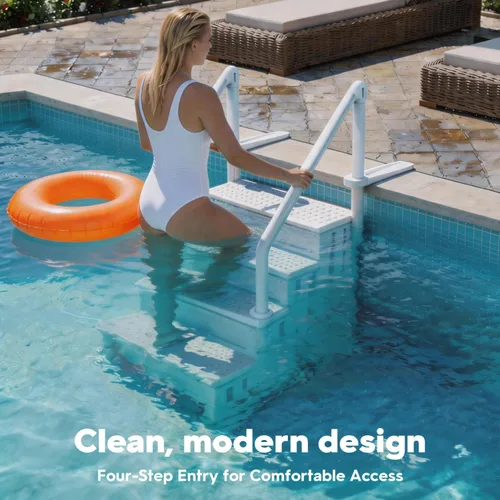 Miniatura 7 de XtremepowerUS Escalera de piscina sobre el suelo y sistema de 4 escalones con pasamanos, escalera de entrada resistente para acceso de terraza a
