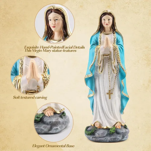 Miniatura 3 de Estatua de la Virgen María rezando con rosario – Estatua católica de resina de Nuestra Señora de Lourdes, figura de la Virgen María para sala