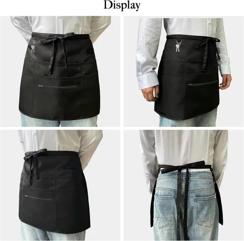 Miniatura 5 de AEKTBY Delantales negros con 6 bolsillos, delantal de cintura para camarera unisex, peluquero, limpiador