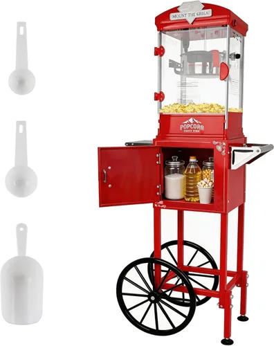 Máquina de palomitas de maíz de 8 onzas con carrito (rojo) – Máquina de palomitas vintage – Operación con un solo toque, hace hasta 30 tazas para